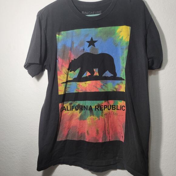 California State Republic Bear Logo Black TShirt Ring of Fire Mens LG Tye Dye - Picture 2 of 6